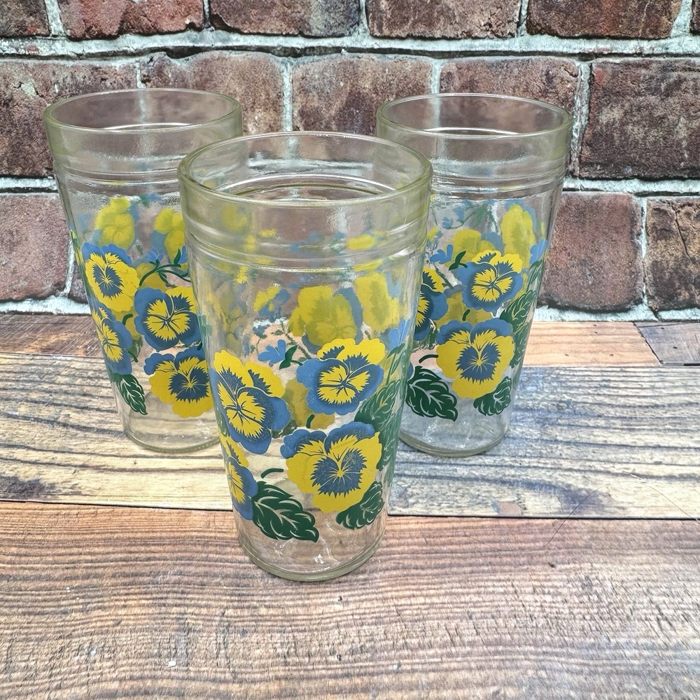 Anchor Hocking Yellow Blue Pansy Glasses Tumblers Floral Set 3 Vintage Retro